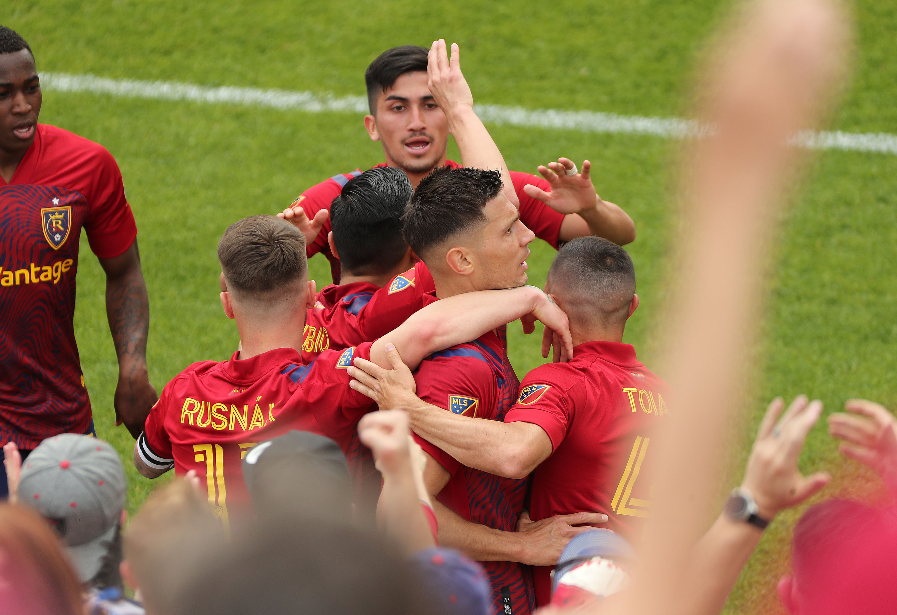 Real Salt Lake midfielder Damir Kreilach (8) celebrates his goal with teammates against Sporting Kansas City in Sandy on Saturday, May 1, 2021.