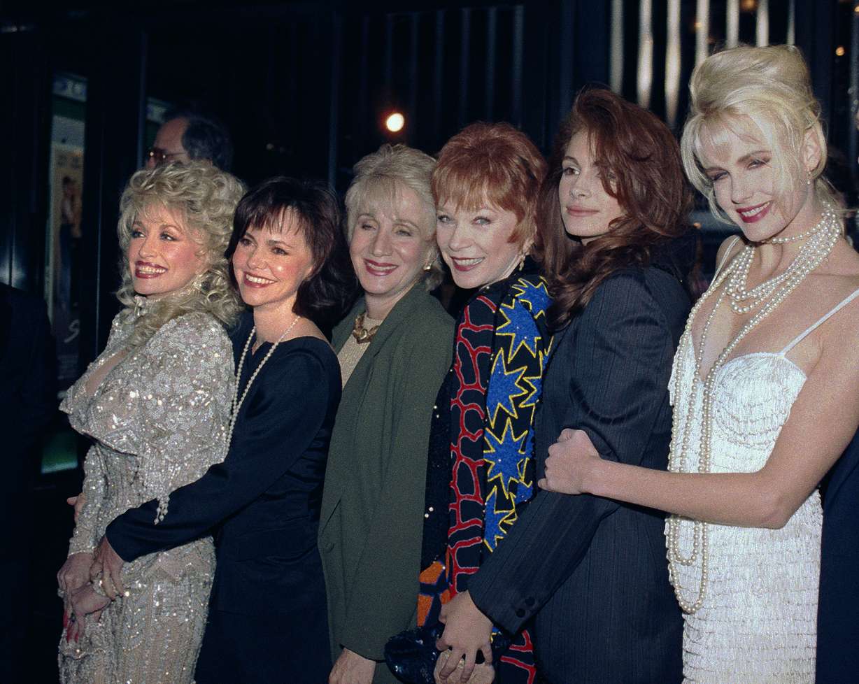 FILE - In this Nov. 5, 1989 file photo, stars of the film Steel Magnolias from left: Dolly Parton, Sally Field, Olympia Dukakis, Shirley MacLaine, Julia Roberts and Daryl Hannah pose for a photo in New York.