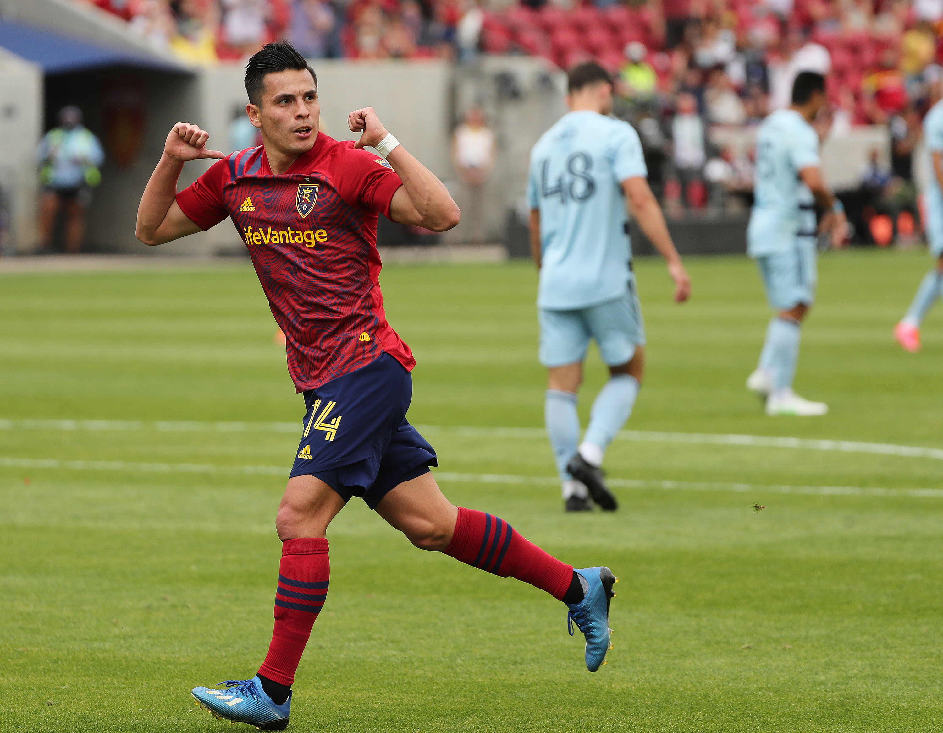 Real Salt Lake forward Rubio Rubin (14) celebrates his goal against Sporting Kansas City in Sandy on Saturday, May 1, 2021. With three goals and two assists, Rubin is off to a hot start to his first MLS season — one of the most dynamic players in the league.