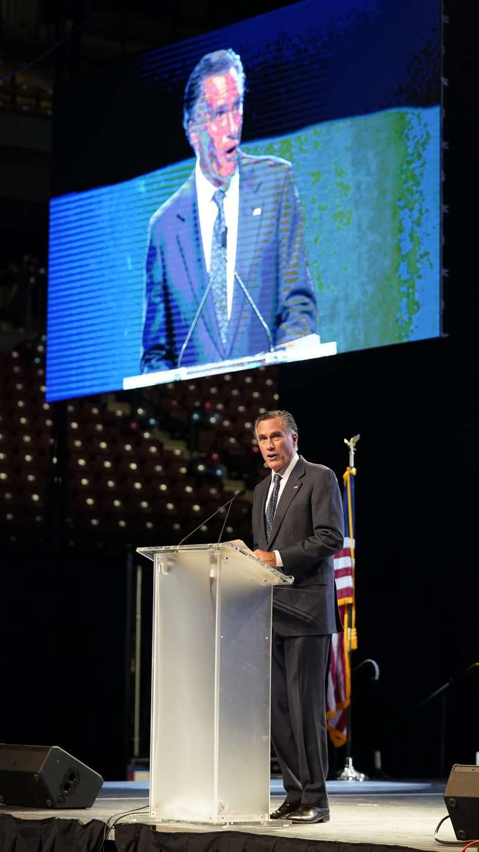 Sen. Mitt Romney addresses the Utah Republican Party 2021 Organizing Convention Saturday, May 1, 2021, in West Valley City, Utah. Romney was booed as he addressed the Utah GOP convention.