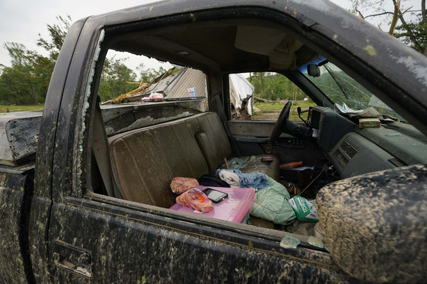 The wreckage of a truck is shown Monday, May 3, 2021, in Yazoo County, Miss. (AP Photo/Rogelio V. Solis)