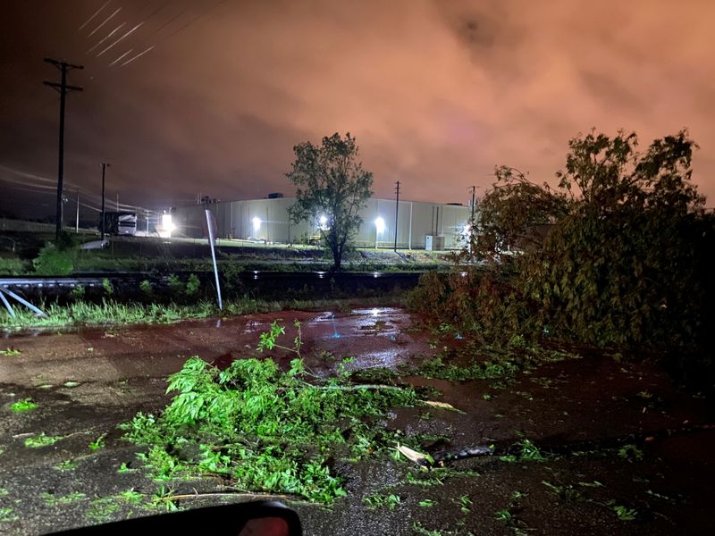 View of scattered tree branches after a tornado passed through Tupelo, Mississippi, U.S., May 2, 2021 in this image obtained from social media.   Dean Meeks via REUTERS