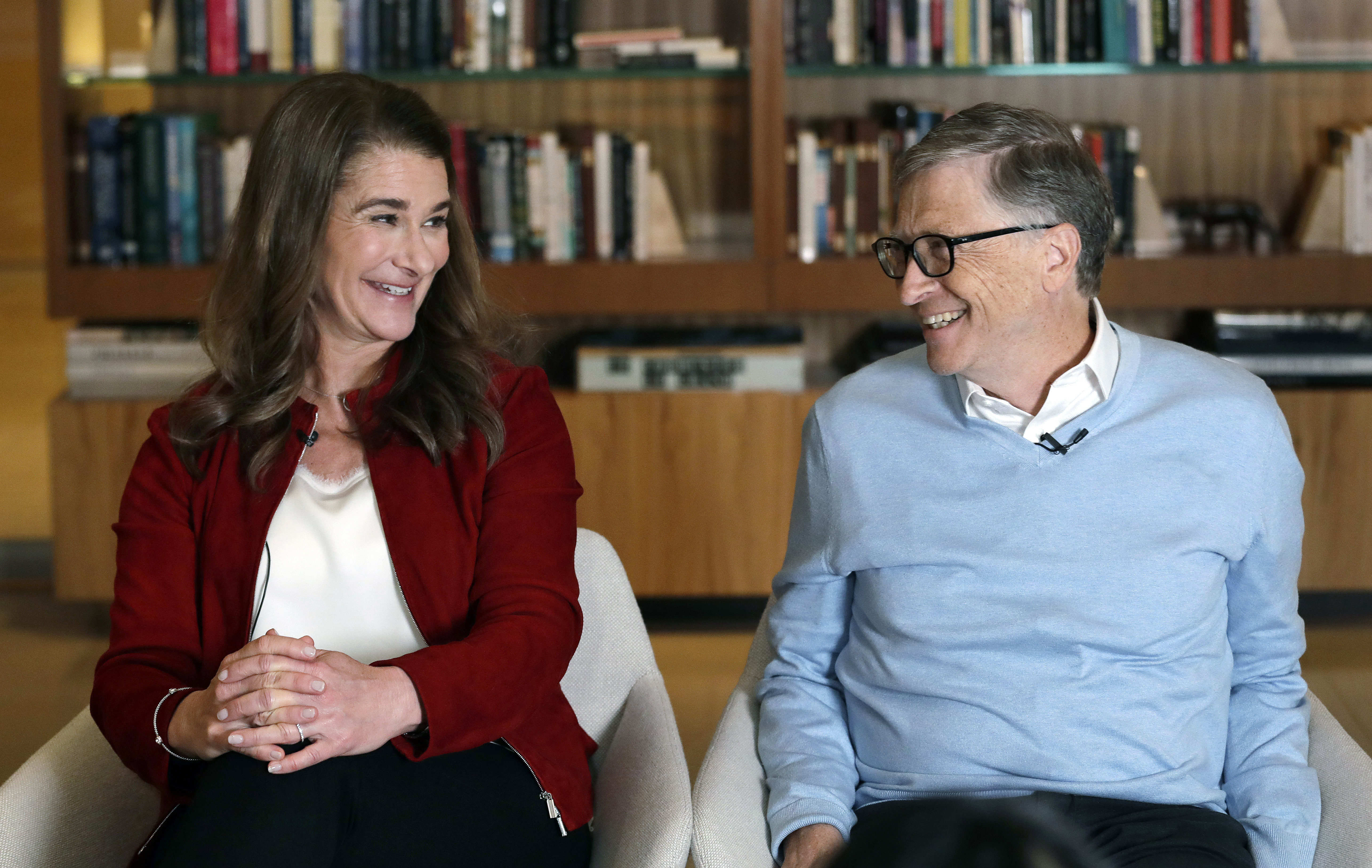 FILE - In this Feb. 1, 2019, file photo, Bill and Melinda Gates smile at each other during an interview in Kirkland, Wash. The couple announced Monday, May 3, 2021, that they are divorcing. The Microsoft co-founder and his wife, with whom he launched the world's largest charitable foundation, said they would continue to work together at The Bill & Melinda Gates Foundation. (AP Photo/Elaine Thompson, File) [May-03-2021]