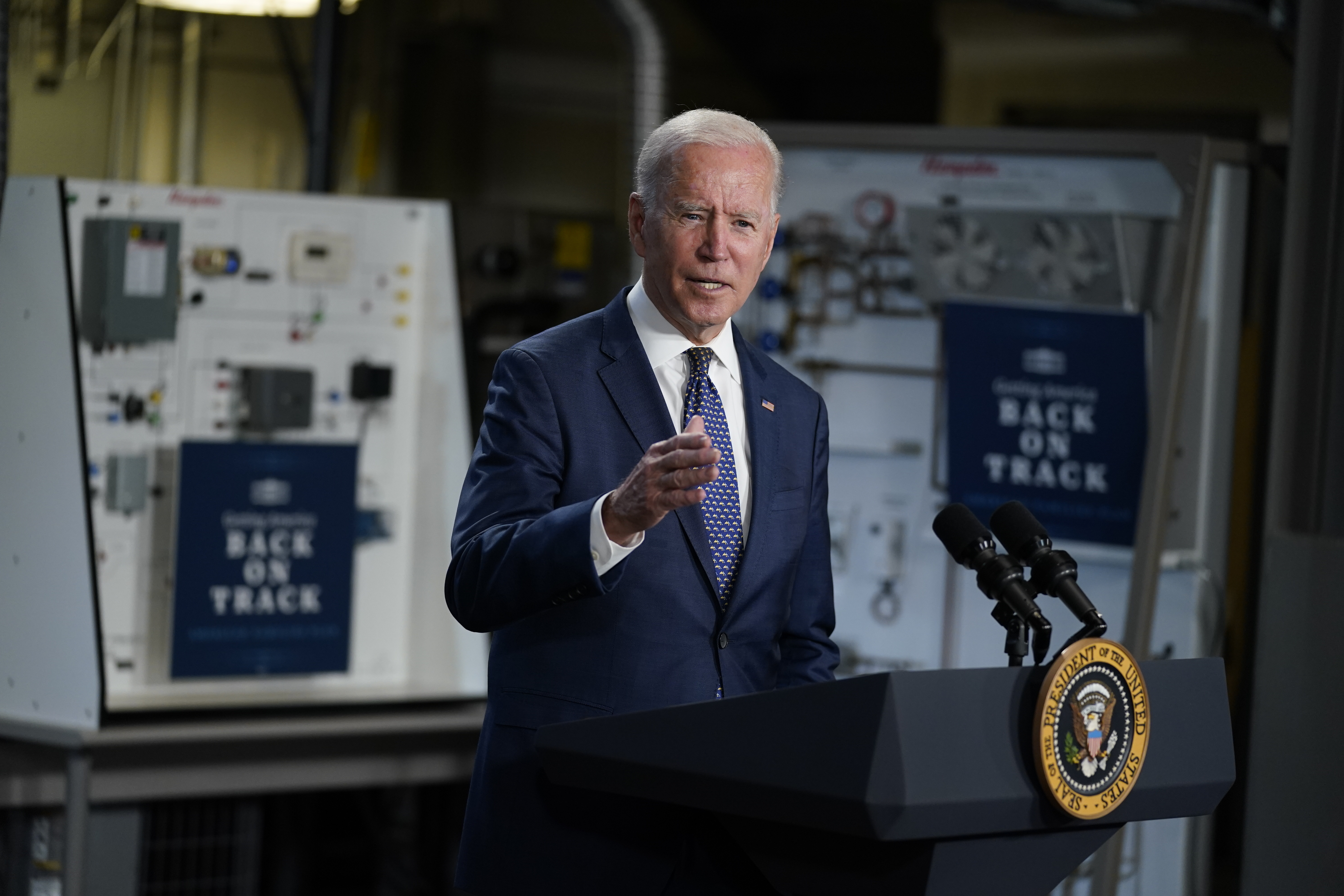 President Joe Biden speaks at Tidewater Community College, Monday, May 3, 2021, in Portsmouth, Va. Biden and the first lady are in coastal Virginia to promote his plans to increase spending on education and children, part of his $1.8 trillion families proposal announced last week. (AP Photo/Evan Vucci) [May-03-2021]
