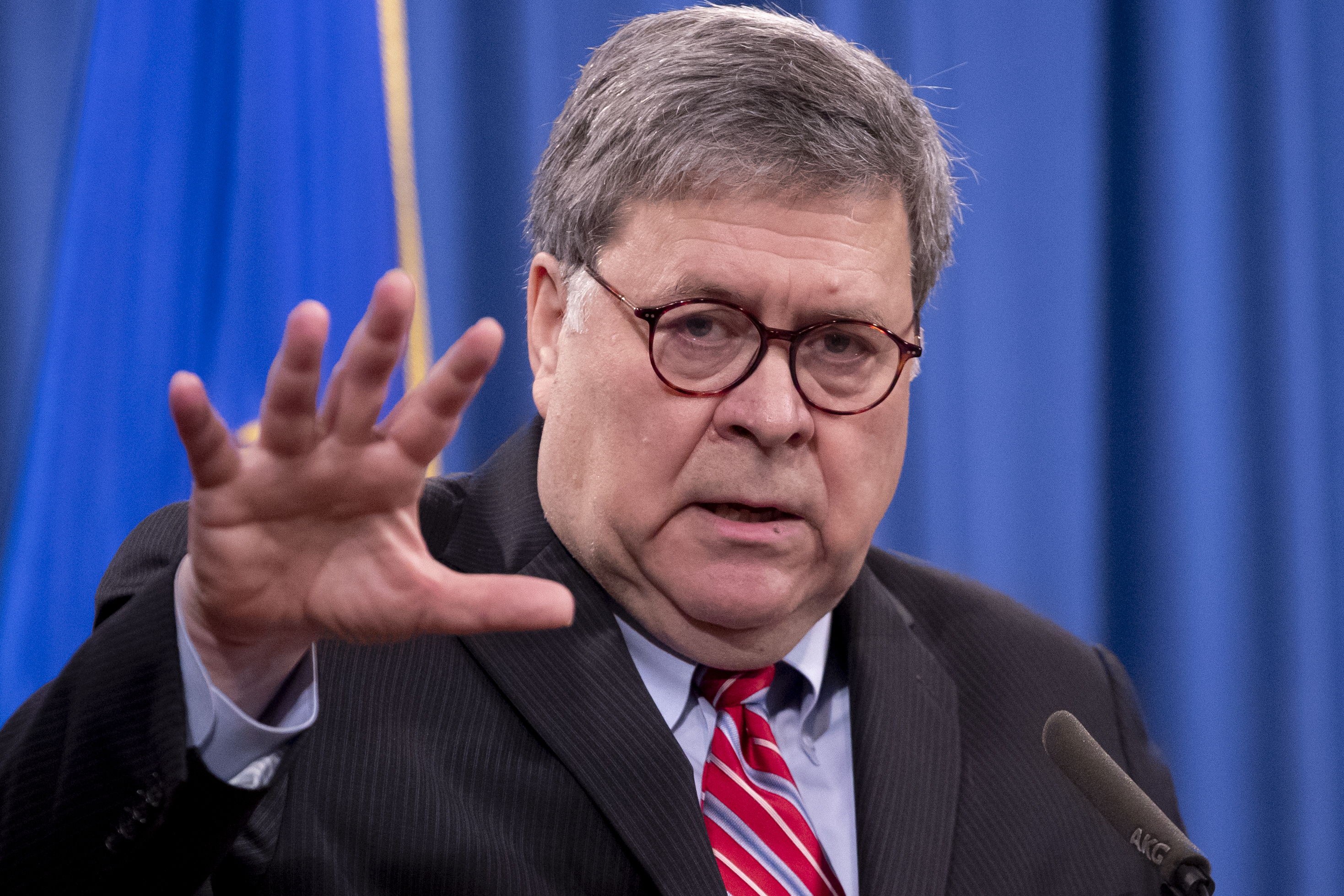 FILE - In this Dec. 21, 2020, file photo, Attorney General William Barr speaks during a news conference at the Justice Department in Washington. A federal judge has ordered the release of a legal memorandum the Trump-era Justice Department prepared for then-Attorney General William Barr before he announced his conclusion that President Donald Trump had not obstructed justice during the Russia investigation.  (Michael Reynolds/Pool via AP, File) [May-04-2021]