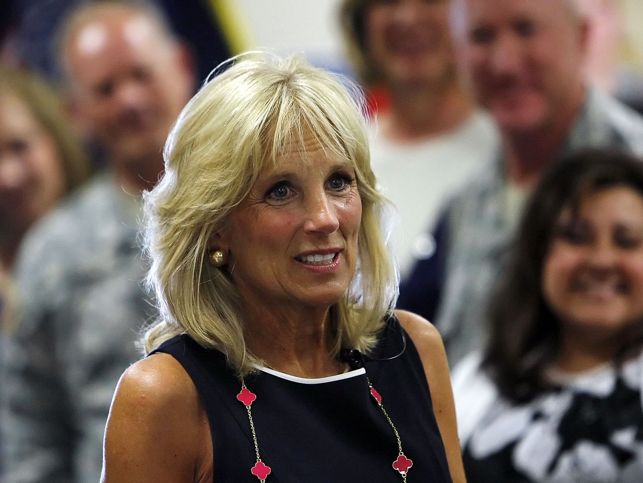 Jill Biden, wife of then-Vice President Joe Biden,
stops to visit military families at the Utah National Guard base in
Salt Lake City July 10, 2012. Jill Biden will celebrate Cinco de
Mayo in Salt Lake City on Wednesday by thanking front-line workers
at a west side middle school and encouraging Utahns, especially the
Hispanic community, to get the COVID-19 vaccination.
