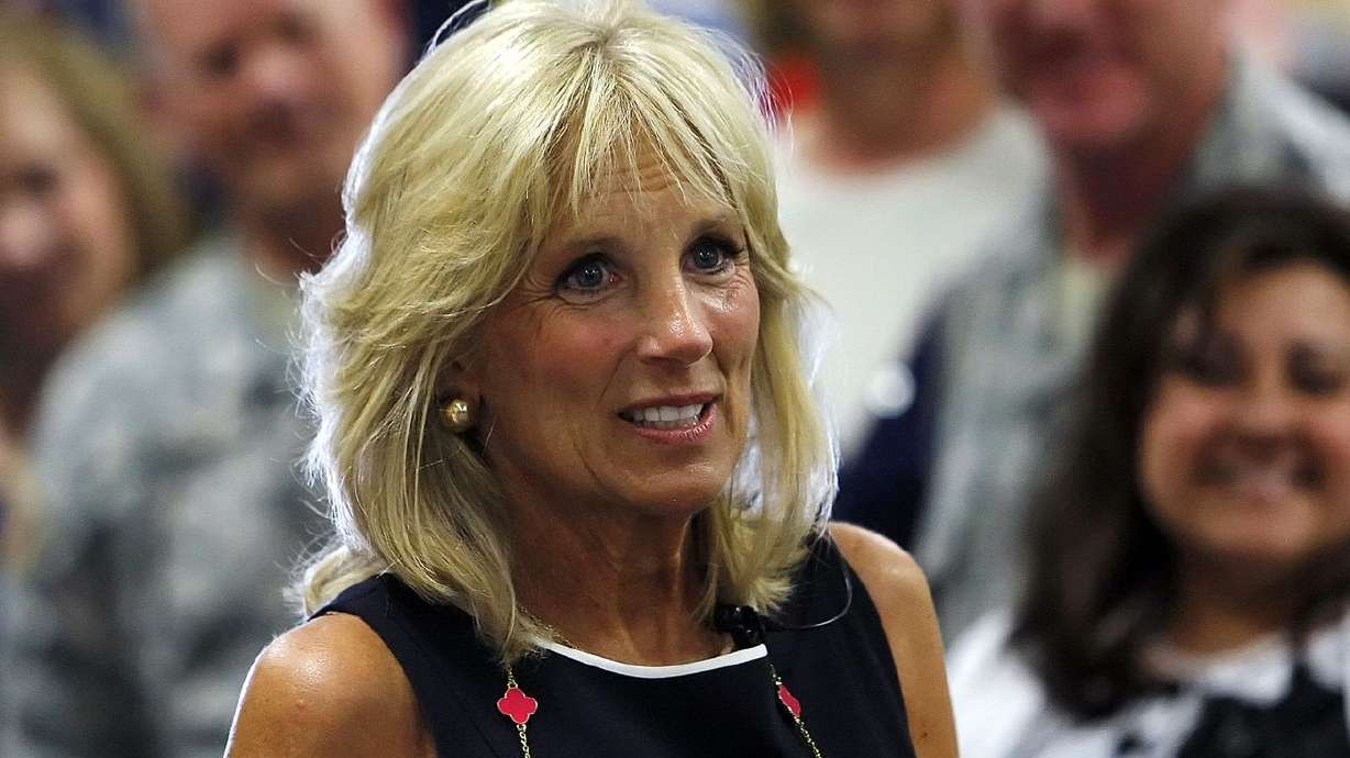 Jill Biden, wife of then-Vice President Joe Biden,
stops to visit military families at the Utah National Guard base in
Salt Lake City July 10, 2012. Jill Biden will celebrate Cinco de
Mayo in Salt Lake City on Wednesday by thanking front-line workers
at a west side middle school and encouraging Utahns, especially the
Hispanic community, to get the COVID-19 vaccination.