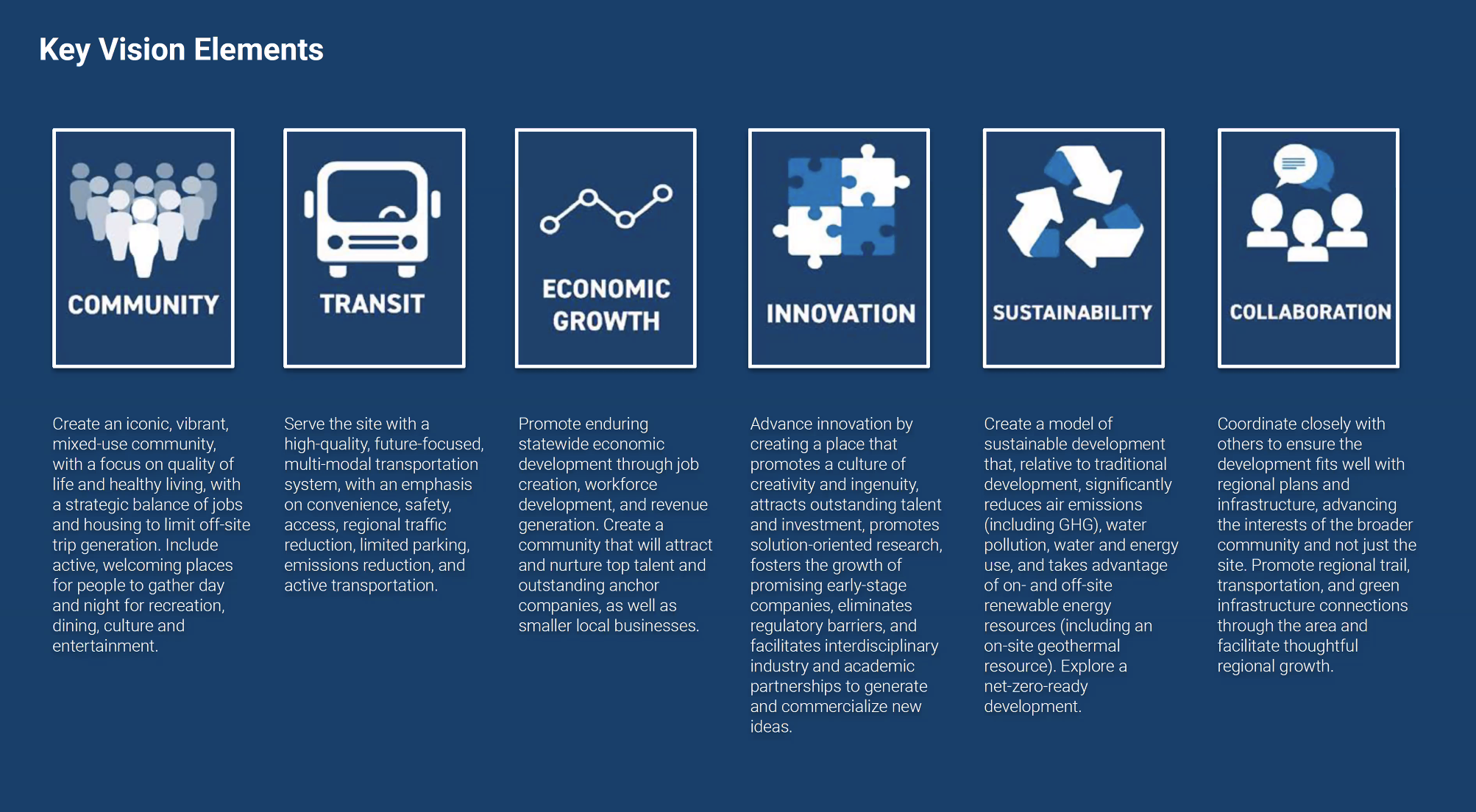 This graphic shows the key the six "key vision elements" in the initial draft of a possible master plan released Tuesday, May 4, 2021.