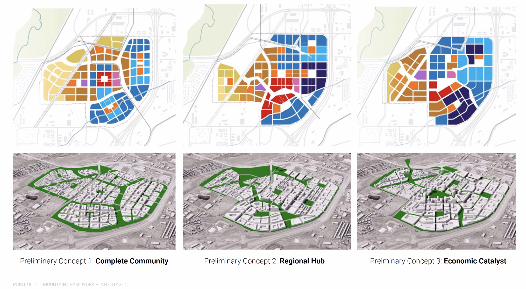 This graphic shows what three different preliminary concepts could look like for the land where the Utah State Prison exists.