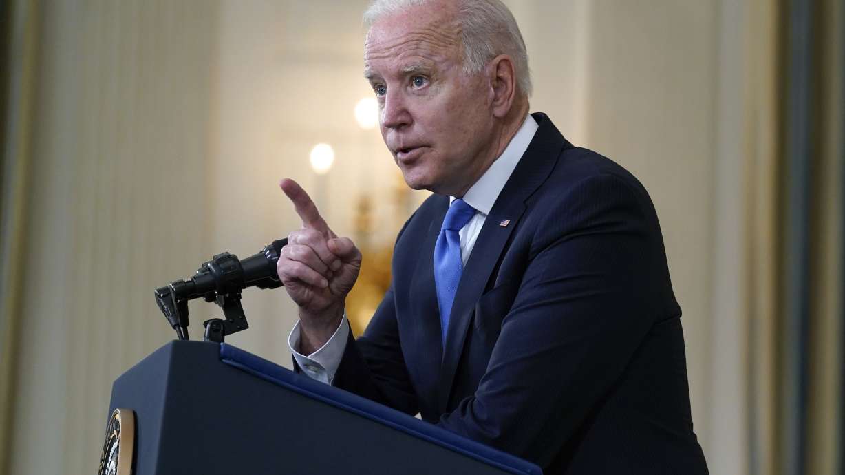 President Joe Biden takes questions from reporters as he speaks about the American Rescue Plan, in the State Dining Room of the White House, Wednesday, May 5, 2021, in Washington.