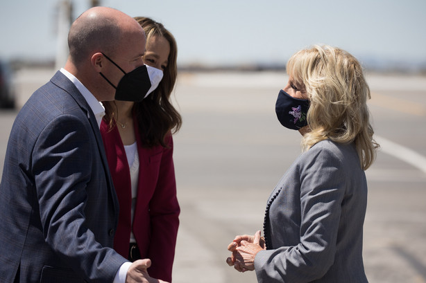 Gov. Spencer Cox, left, and Utah first lady Abby Cox greet U.S. first lady Jill Biden on Wednesday, May 5, 2021 at Salt Lake International Airportâs TAC Air terminal.