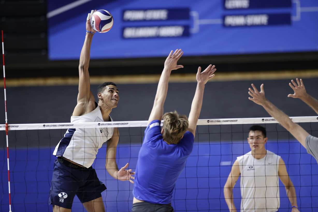 BYU opposite Gabi Garcia Fernandez lays down a kill during a practice ahead of the NCAA Tournament semifinals against No. 3 Lewis, Wednesday, May 5, 2021 in Columbus, Ohio.