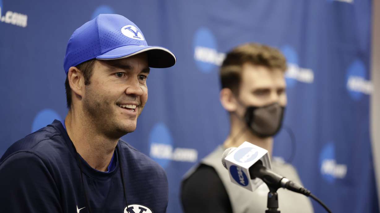 BYU coach Shawn Olmstead during a news conference ahead of the NCAA Tournament semifinals against No. 3 Lewis, Wednesday, May 5, 2021 in Columbus, Ohio.