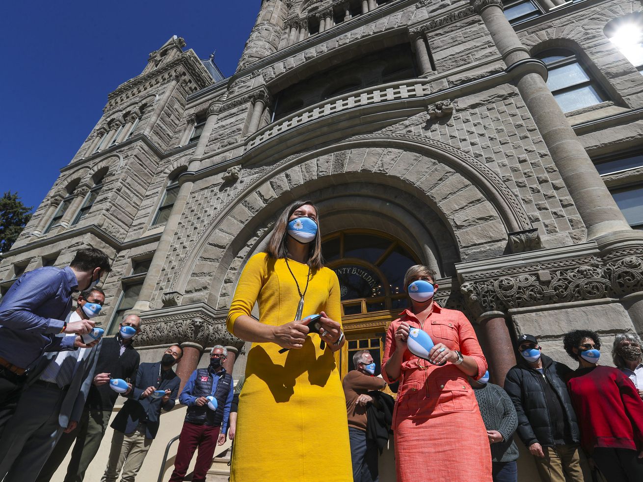 Salt Lake City Mayor Erin Mendenhall, center, is
pictured during a press conference at the City-County Building on
Wednesday, April 7, 2021.