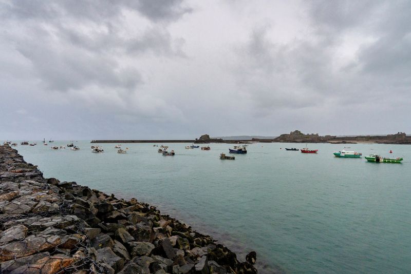 French fishing fleet is seen at the entrance to the harbour in St Helier, Jersey May 6, 2021. Marc Le Cornu/via REUTERS