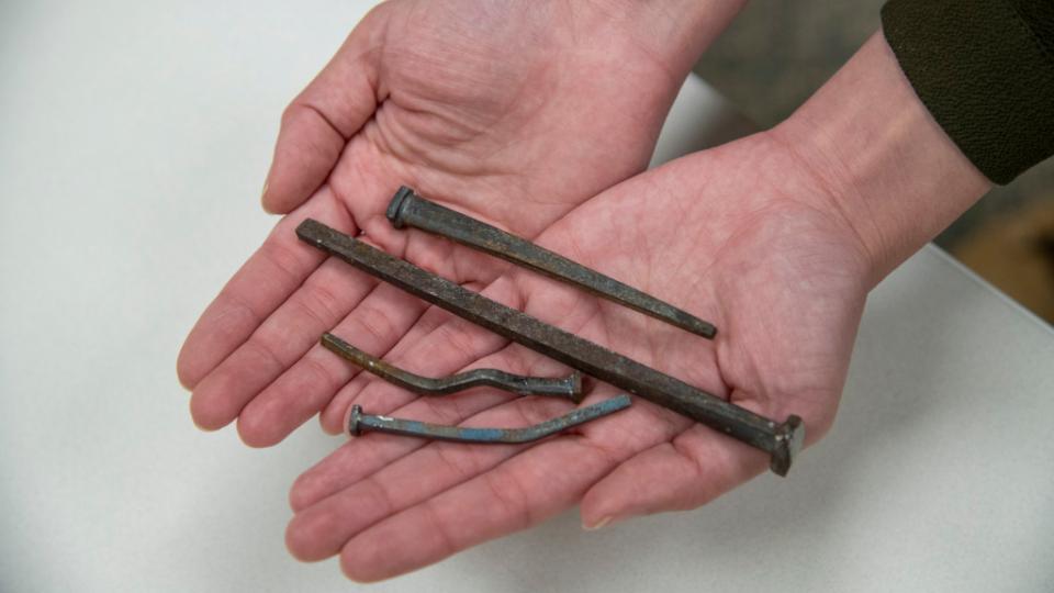 A few of the several square-headed nails that crews have found in the Salt Lake Temple during renovations to Temple Square. These show some of the workmanship and materials used to build the Salt Lake Temple, which was finished in 1893.