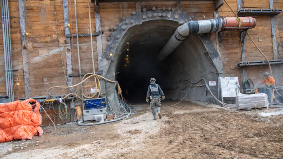 An undated photo of crews working on a new 180-foot-long tunnel underneath North Temple