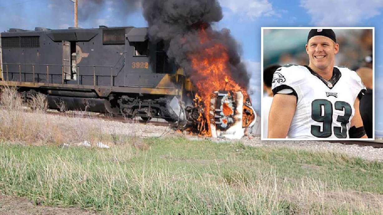 A train crashed into a semi-truck Thursday evening on East 400 North near North 2300 East in St. Anthony. Inset: Brandon Bair | Main photo courtesy Brandon Bair/Inset courtesy Philadelphia Eagles