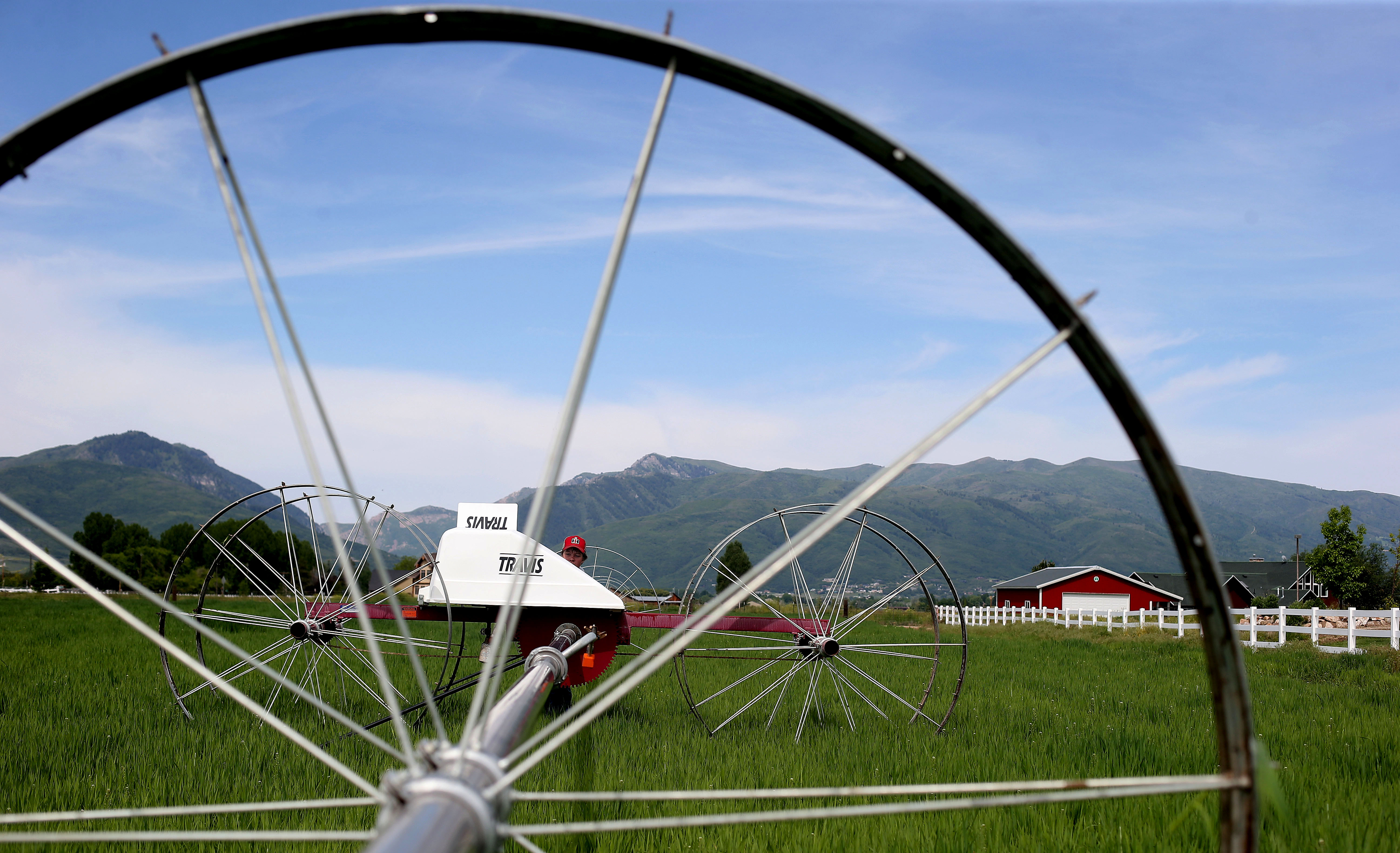Garrett Grow pushes a wheel line irrigation system into position in Huntsville on Thursday, June 4, 2015.