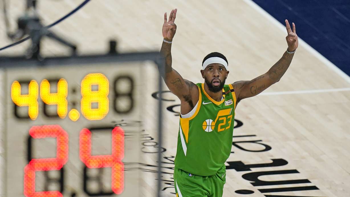 Utah Jazz forward Royce O'Neal gestures after making a 3-pointer against the Denver Nuggets during the first half of an NBA basketball game Friday, May 7, 2021, in Salt Lake City.