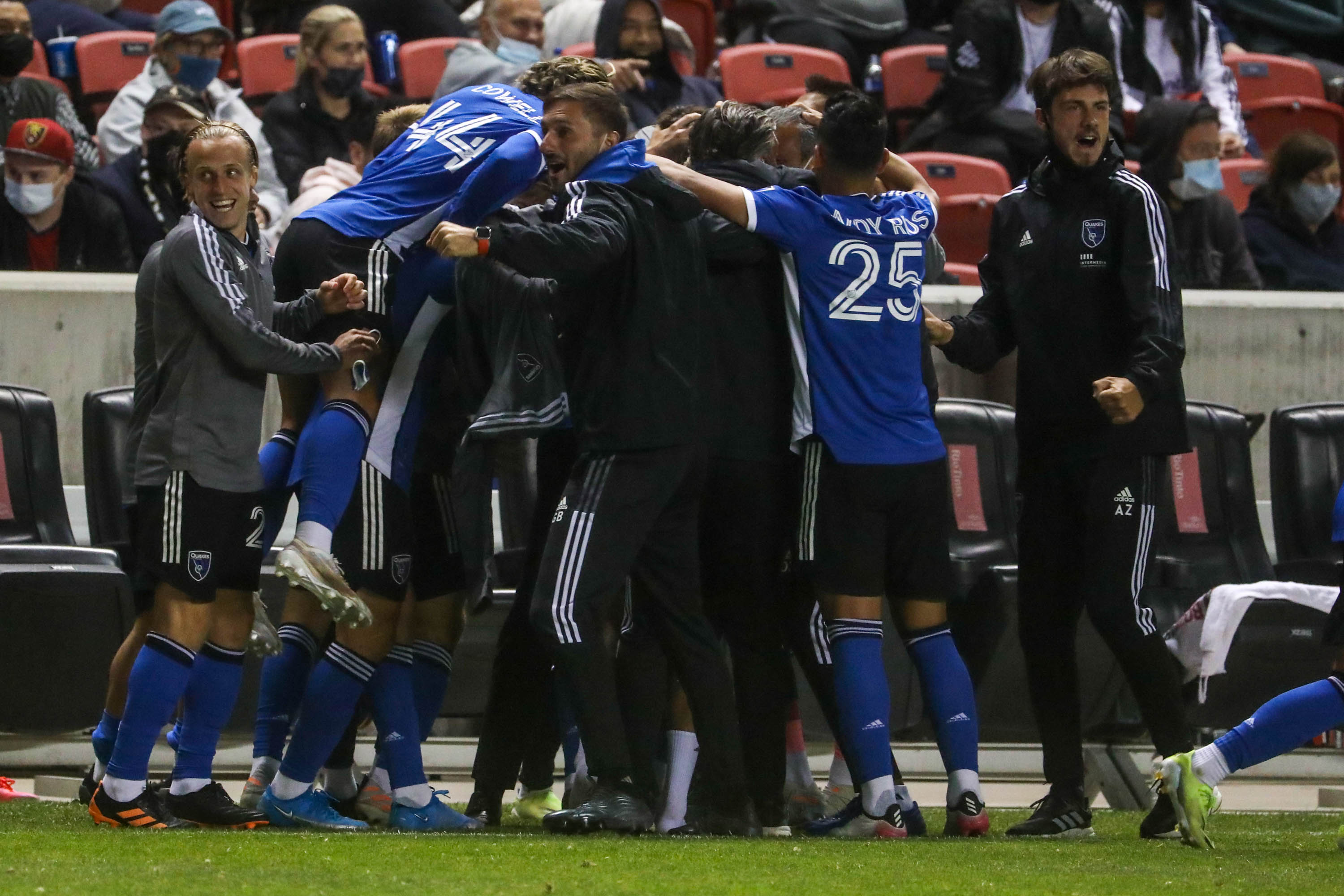 San Jose Earthquake players erupt over forward Chris Wondolowski's goal as Real Salt Lake and San Jose play an MLS game at Rio Tinto Stadium in Sandy on Friday, May 7, 2021.