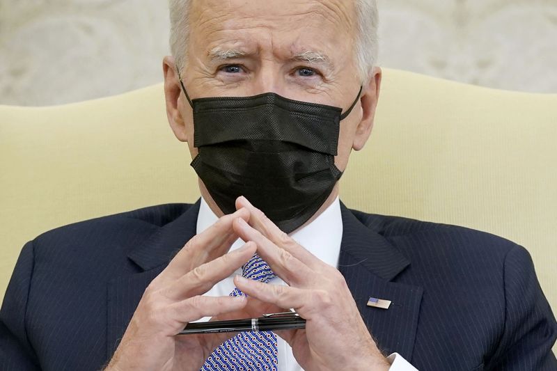 President Joe Biden speaks during a meeting with
lawmakers to discuss the American Jobs Plan in the Oval Office of
the White House on Monday, April 12, 2021, in
Washington.