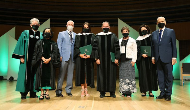 President Russell M. Nelson of The Church of Jesus
Christ of Latter-day Saints and his wife Sister Wendy Nelson,
right, pose with others at Utah Valley University’s graduation in
Orem on Friday, May 7, 2021. Sister Nelson, the wife of Church
President Russell M. Nelson, is a professor of marriage and family
therapy, author and a former nurse and psychologist.