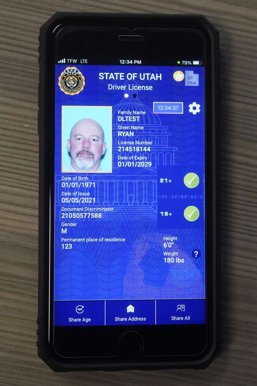 A cell phone with the pilot version of the Utah's mobile ID is shown on Wednesday, May 5, 2021, in West Valley City, Utah.