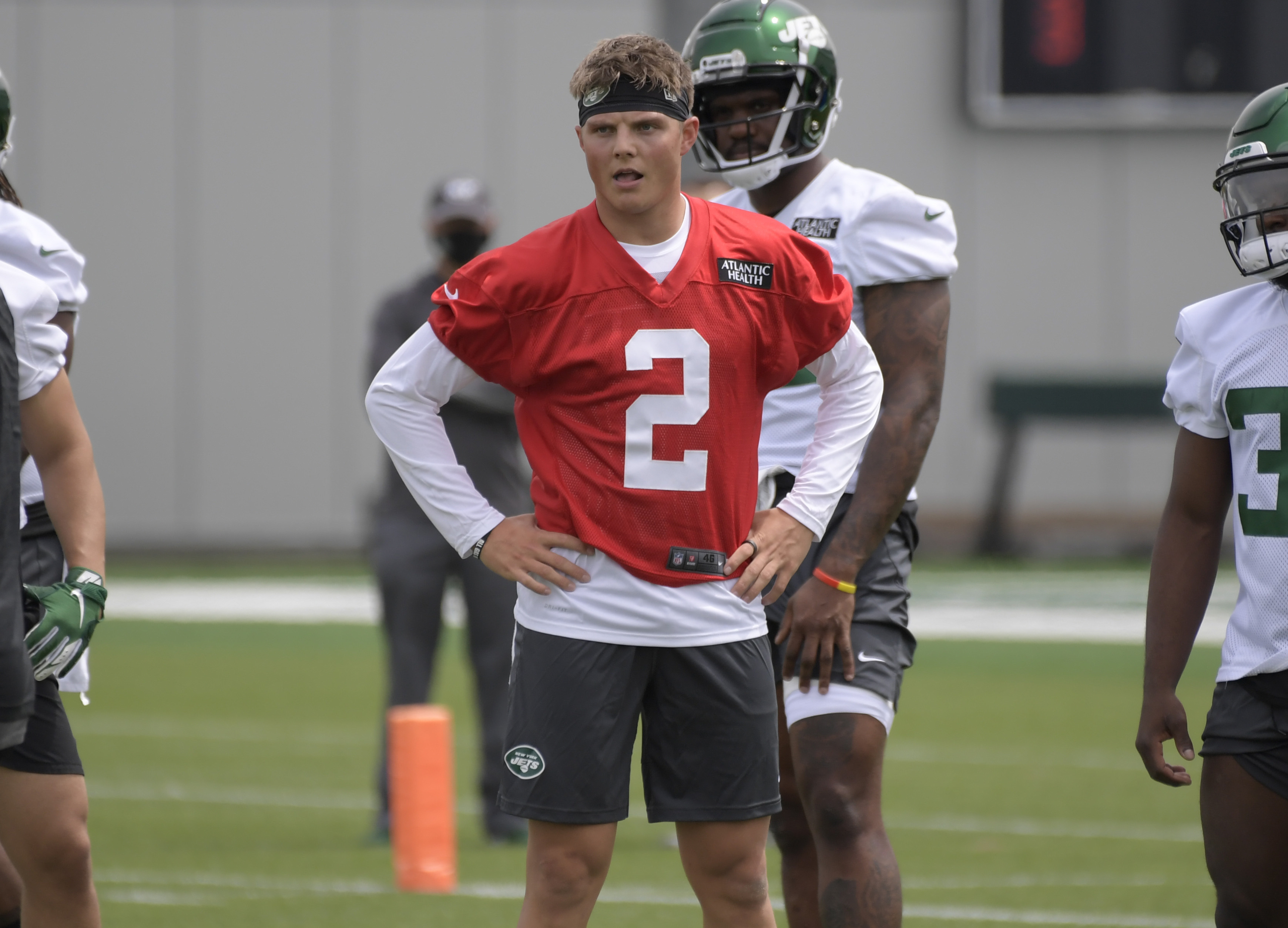 New York Jets first round draft pick Zach Wilson (2) works out during NFL football rookie camp, Friday, May 7, 2021, in Florham Park, N.J.