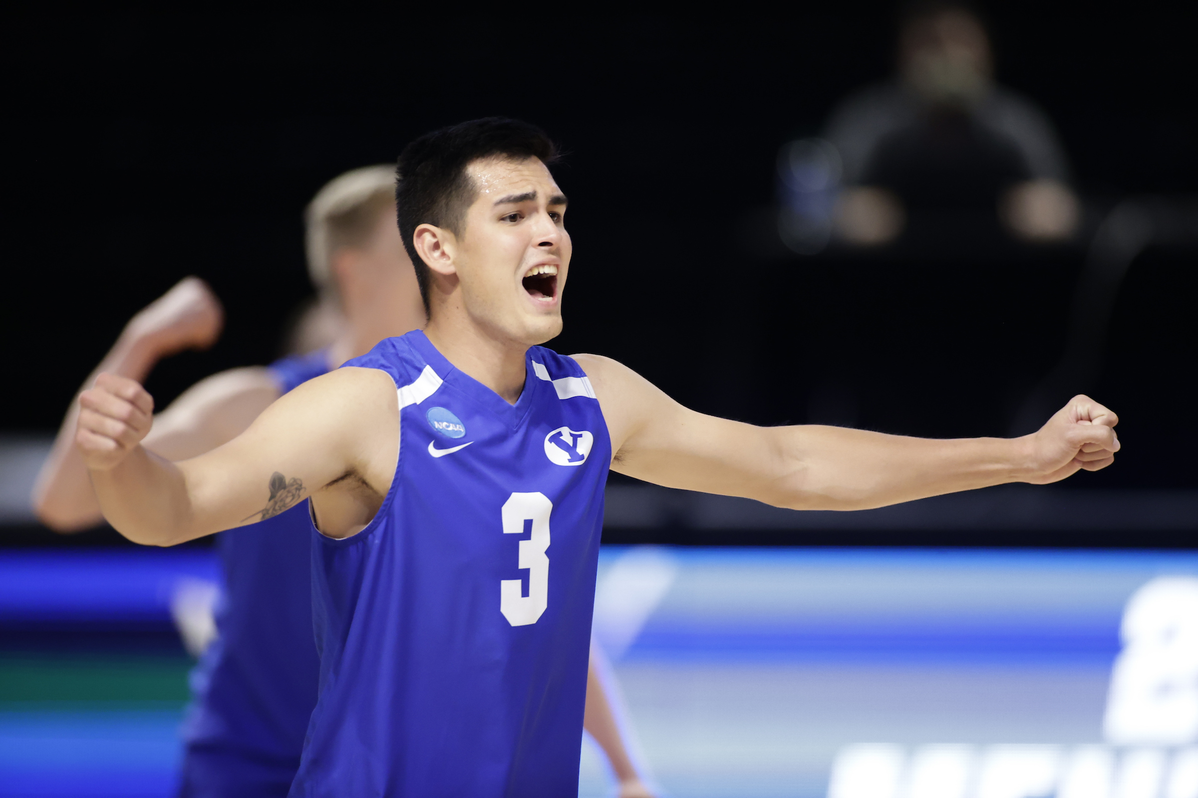 BYU setter Wil Stanley (3) celebrates a point during the NCAA title match against No. 1 Hawaii, Saturday, May 8, 2021 in Columbus, Ohio.
