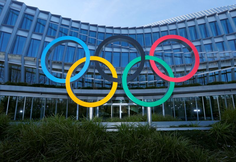 The Olympic rings are pictured in front of the International Olympic Committee (IOC) headquarters during the coronavirus disease (COVID-19) outbreak in Lausanne, Switzerland, January 26, 2021. REUTERS/Denis Balibouse/Files