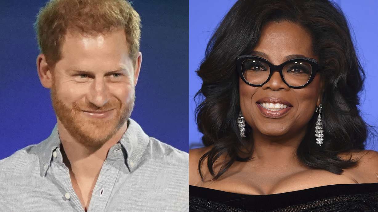 Prince Harry, Duke of Sussex speaks at "Vax Live: The Concert to Reunite the World" in Inglewood, Calif. on May 2, 2021, left, and Oprah Winfrey appears at the 75th annual Golden Globe Awards in Beverly Hills, Calif. on Jan. 7, 2018. Winfrey and Prince Harry are teaming up for a series that will delve into mental health issues and feature segments from athletes and stars like Lady Gaga and Glenn Close. The streaming service Apple TV+ plus announced Monday that the multi-part documentary series “The Me You Can’t See” will debut on May 21. (AP Photo)