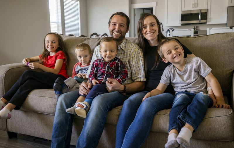 The Mackie family — Lily, left, Gavin, James, Luke,
Nachelle and Ryan — pose for a photo at their home in Provo on
Wednesday, April 28, 2021.