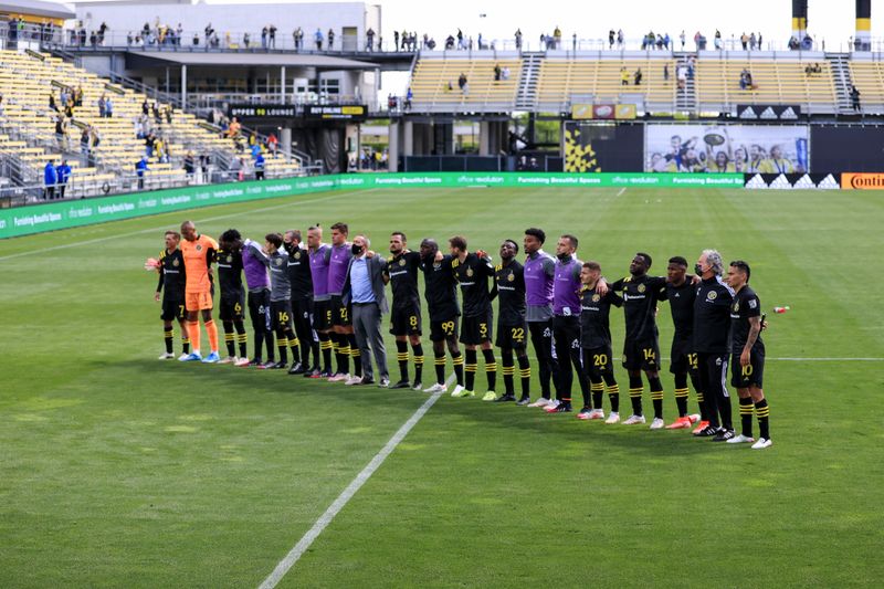 May 8, 2021; Columbus, Ohio, USA; The Columbus Crew SC celebrate after defeating the D.C. United at Historic Crew Stadium. Mandatory Credit: Aaron Doster-USA TODAY Sports