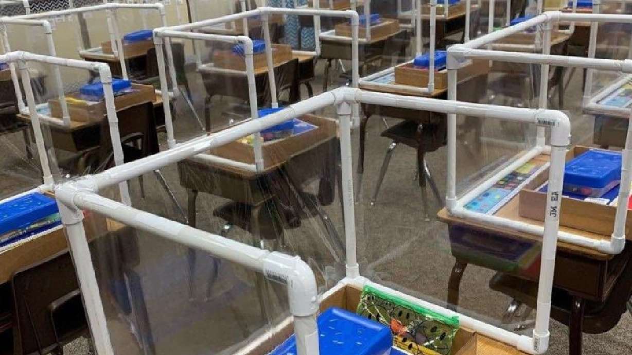 Desks prepared for students to attend the first day of school at Northridge Elementary in Orem, part of the Alpine School District