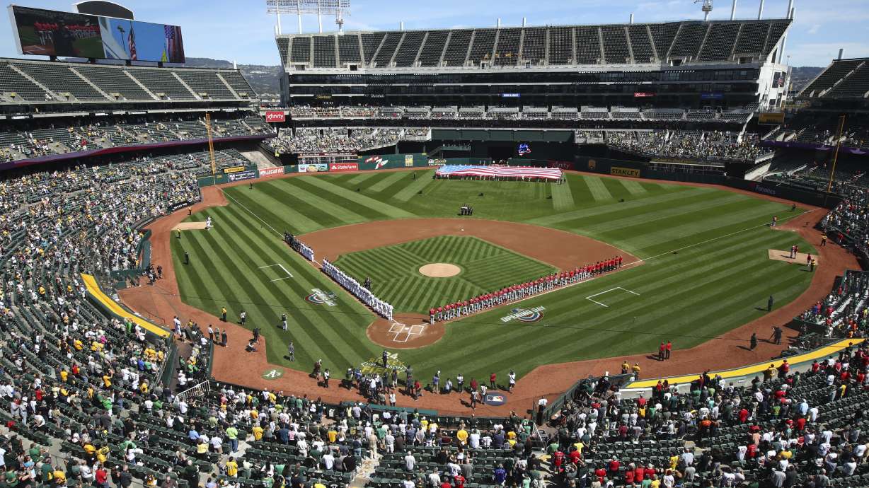 Oakland Coliseum is pictured on March 29, 2018. Major League Baseball's 30 team owners unanimously approved the Oakland Athletics' request to move to Las Vegas Thursday morning, multiple news outlets reported.