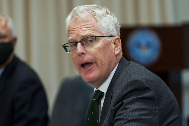 FILE - In this Nov. 13, 2020, file photo, then-acting Secretary of Defense Christopher Miller speaks during a meeting at the Pentagon. Miller, President Donald Trump's acting defense secretary during the Jan. 6 Capitol riots plans to tell Congress that he was concerned in the days before the insurrection that sending troops to the building would fan fears of a military coup and could cause a repeat of the deadly Kent State shootings, according to a copy of prepared remarks obtained by The Associated Press. (AP Photo/Manuel Balce Ceneta, File)