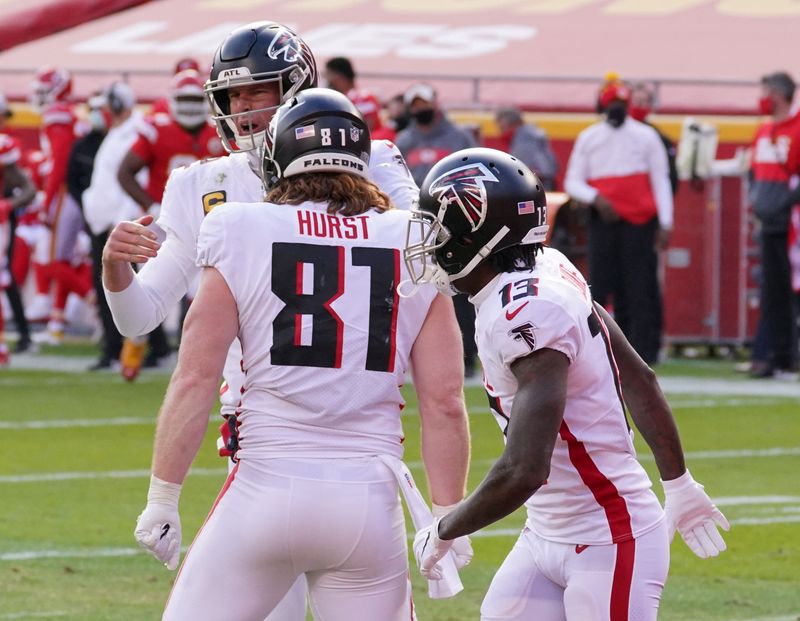 FILE PHOTO: Dec 27, 2020; Kansas City, MO, USA; Atlanta Falcons tight end Hayden Hurst (81) celebrates with teammates after scoring a touchdown against the Kansas City Chiefs in the first half of a NFL game at Arrowhead Stadium. Mandatory Credit: Denny Medley-USA TODAY Sports/File Photo