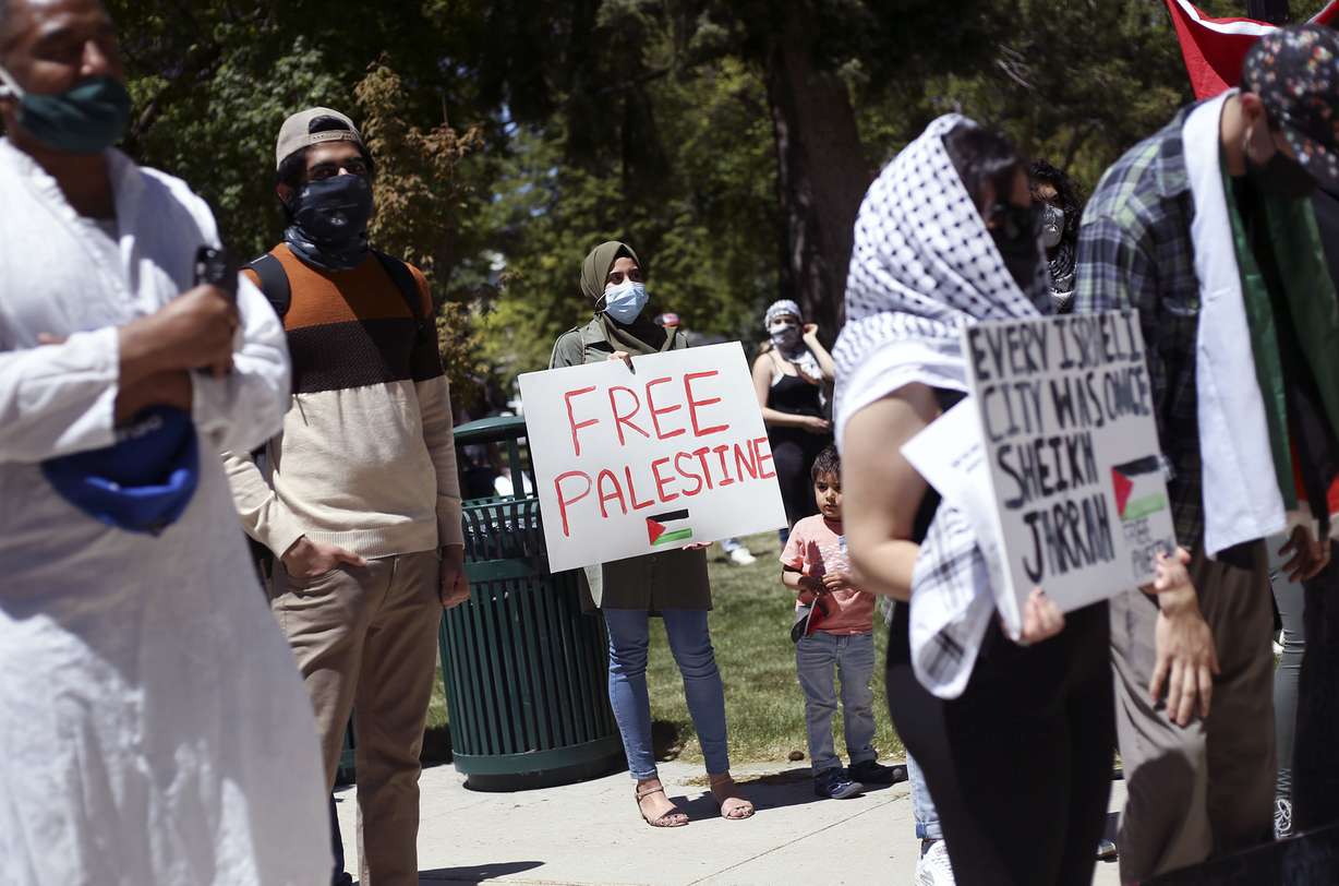 People attend a rally and protest to show support for Palestinians at Washington Square in Salt Lake City on Wednesday, May 12, 2021.