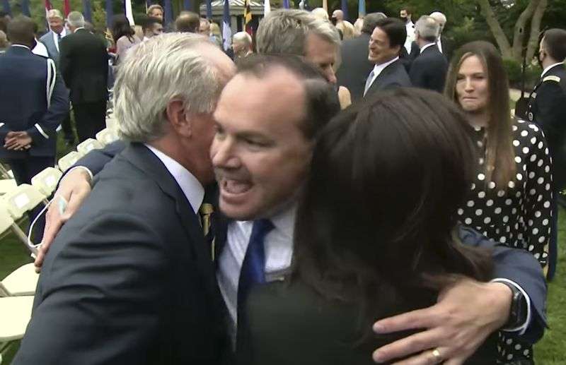 This still from a widely circulated video shows Sen.
Mike Lee, R-Utah, hugging other attendees at a White House event
announcing Amy Coney Barrett as then-President Donald Trump’s
nominee for the Supreme Court on Sept. 26, 2020, in Washington.
Days later Lee announced that he had tested positive for
coronavirus, one of a number of positive cases linked to that day’s
events, which Dr. Anthony Fauci described as a "superspreader
event.”