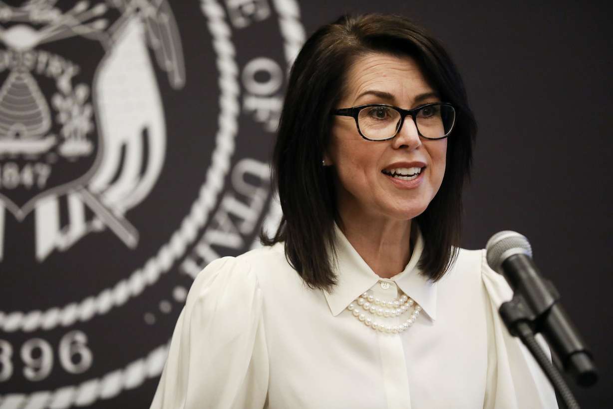 Lt. Gov. Deidre Henderson provides updates on the ongoing COVID-19 pandemic during a weekly briefing at the Capitol in Salt Lake City on Thursday, May 13, 2021.