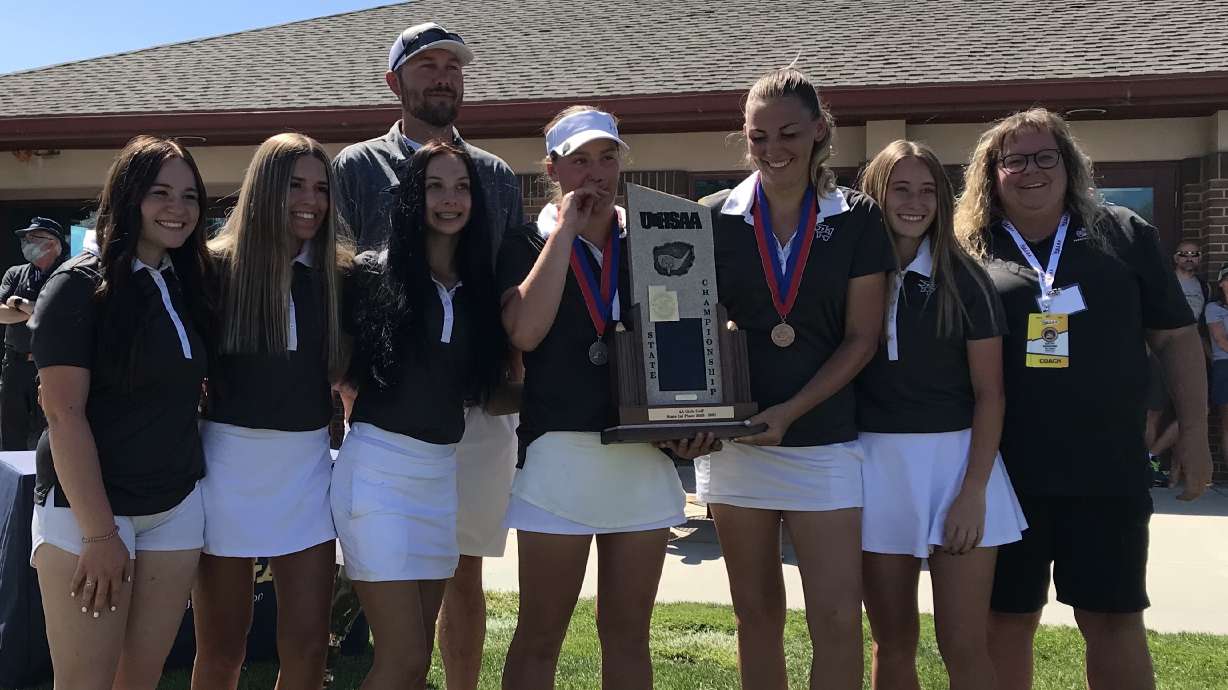 Pine View's girls golf team with the first team trophy in program history following the Class 3A state meet, Thursday, May 13, 2021 at Meadowbrook golf course in Taylorsville.