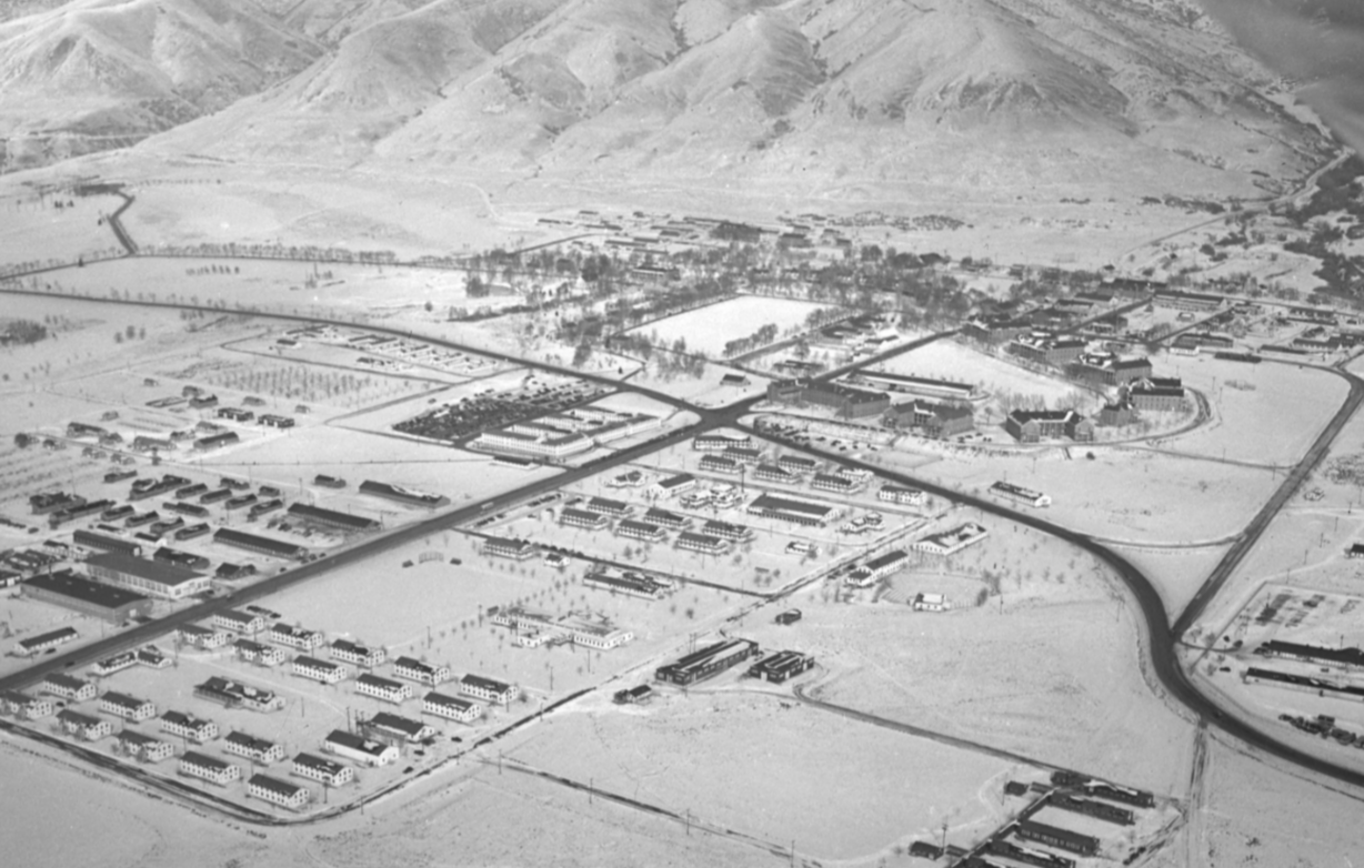 An aerial image of Fort Douglas taken in January 1947. The large road going from left to right is what is known as Mario Capecchi Drive. This land would become part of the University of Utah campus in 1948.