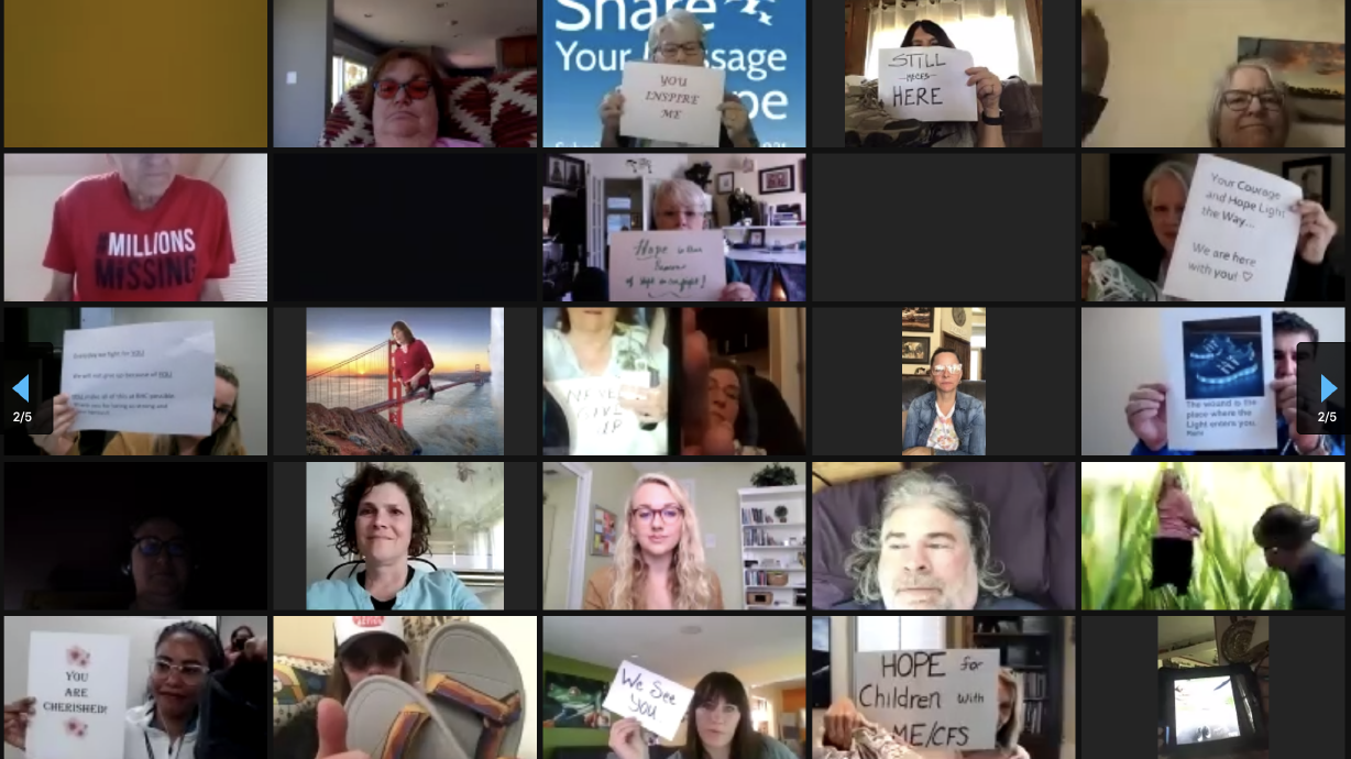 Staff, patients and advocates of the Bateman Horne Center display messages of support and hope for people suffering from chronic post-viral illnesses during a #MillionsMissing virtual event on Tuesday, May 12, 2021.