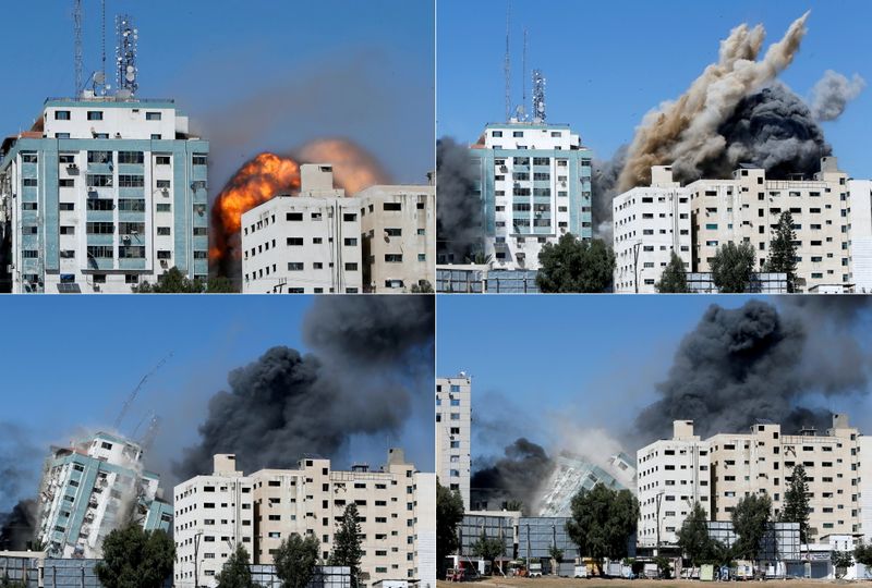 A combination picture shows a tower building housing AP, Al Jazeera offices as it collapses after Israeli missile strikes in Gaza city, May 15, 2021. REUTERS/Mohammed Salem