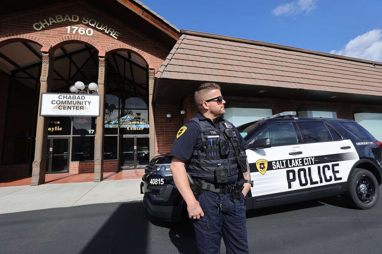 Salt Lake City police investigate after a swastika was scratched into the front door of Chabad Lubavitch of Utah synagogue in Salt Lake City on Sunday, May 16, 2021.