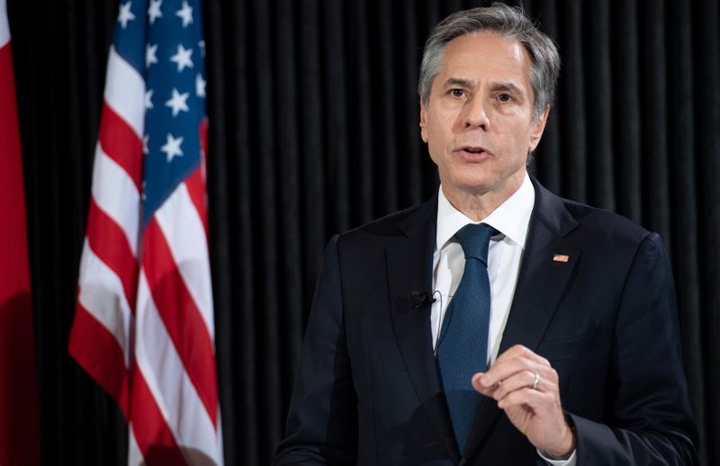 U.S. Secretary of State Antony Blinken speaks at a news conference following meetings at the Danish Foreign Ministry, Eigtved's Warehouse, in Copenhagen, Denmark, May 17, 2021. Saul Loeb/Pool via REUTERS