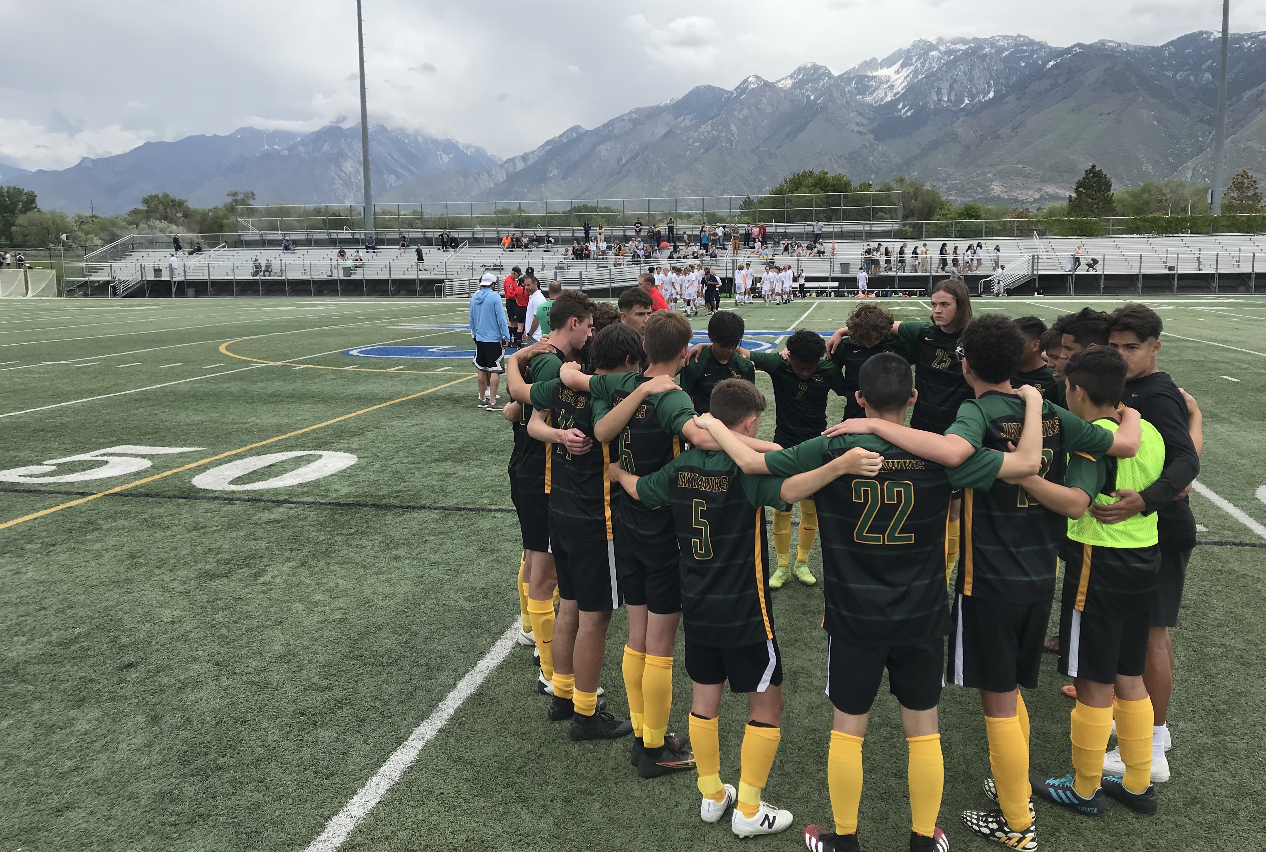 St. Joseph's huddles before a penalty shootout during a UHSAA Class 2A boys soccer state semifinal Monday, May 17, 2021 at Juan Diego.