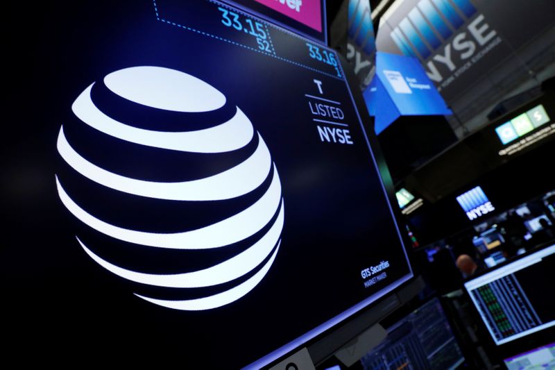 FILE PHOTO: The AT&T logo is seen on a monitor on the floor of the New York Stock Exchange (NYSE) in New York City, U.S. June 13, 2018.  REUTERS/Brendan McDermid