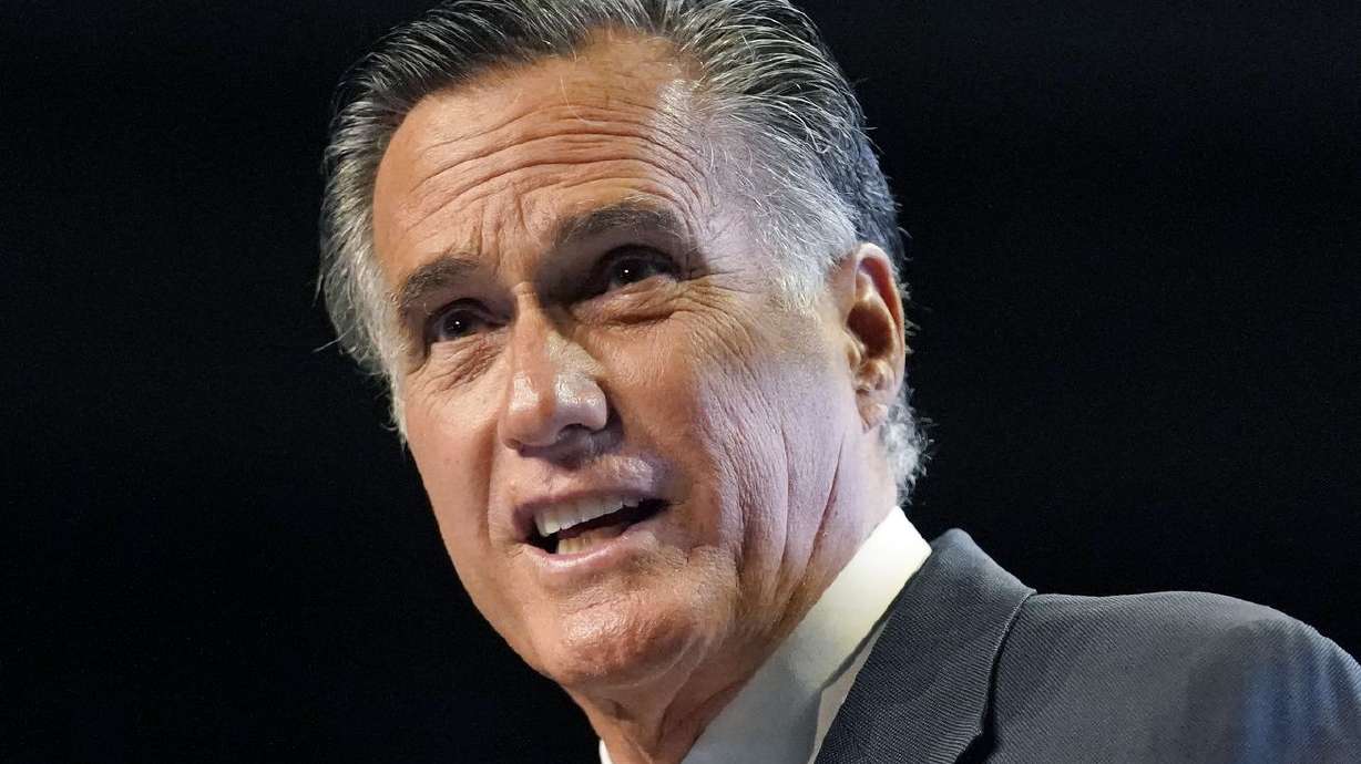 Sen. Mitt Romney addresses the Utah Republicans during
their convention on Saturday, May 1, 2021, in West Valley City.
Romney took issue with the suggestion that children develop better
in an environment outside their homes rather than being reared by
one or both parents during a Senate committee hearing Tuesday, May
18, 2021.